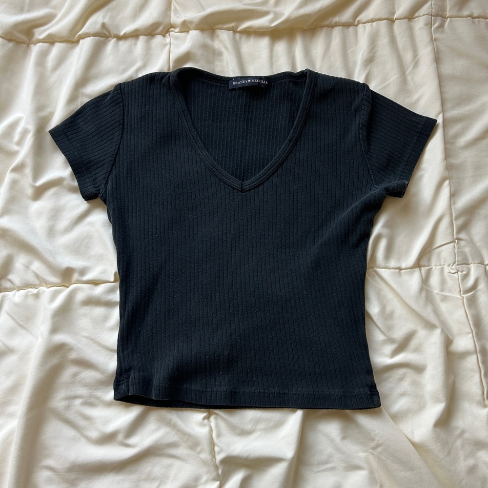 Brandy Melville v neck black ribbed baby tee